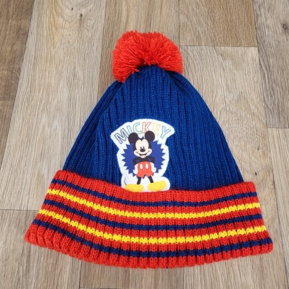 Disney‎ Mickey Mouse Beanie Hat Knit Cap with Pom One Size Blue Red Retro - Picture 1 of 10